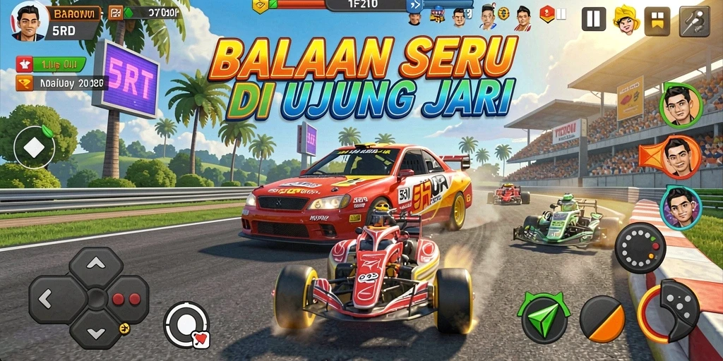 Tampilan gameplay 5RT yang mendebarkan dengan mobil-mobil balap cepat.