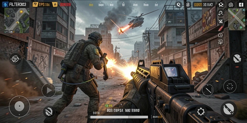 Tangkapan layar gameplay FILTER303 menampilkan aksi seru dalam pertempuran TPS.