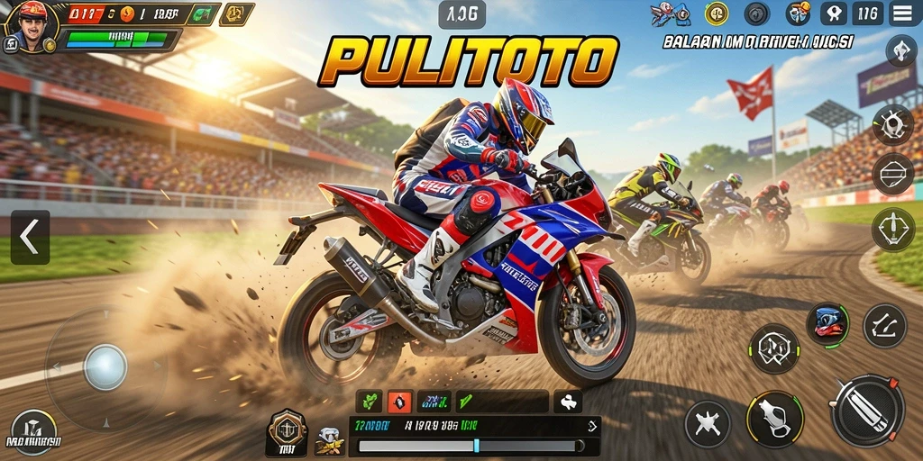 Screenshot PULITOTO menunjukkan aksi balapan motor yang mendebarkan.