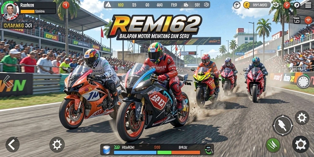 Screenshot gameplay REMI62 yang penuh aksi balapan motor.